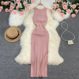 Fongt Sexy Round Neck Kink Solid Color Vest Knit Skirt Front And Back Two Wear Elastic Tight Wrap Hip Dress-Outfit