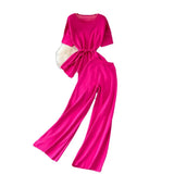 Suit Goddess Fan Irregular Round Collar Knit Blouse Two-Piece Set Of High Waist Thin Wide Leg Trousers-Outfit