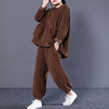 Casual Fashion Corduroy Sets Women Autumn Winter Clothes Loose Large Size Retro Big Pocket Pullover Trousers 2 Piece