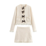 Fongt Women's INS Burst Bow Trim Knitted Coat Knitted Miniskirt