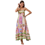 Fongt Women's Suspension Printed Vacation Style Sleeveless Dress Lace Decoration 8109