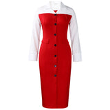 Fongt Women's Autumn And Winter Women's Fashion Career Long-Sleeved Suit Collar Splicing Bag-Gushion Pencil Dress Dress