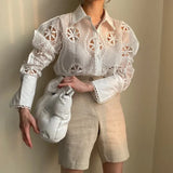 Lace White Blouse Women Hollow Out Flower Embroidery Shirt Sexy See Through Turn Down Collar Long Sleeve Top Blusa