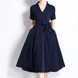 Fongt Fine-Cooked High-End Collar Short-Sleeved Long Dress Temperament Strap Solid Color To Close The Waist Sister Thin Women's Clothing