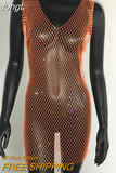 Sale Fishnet Bling Crystal Diamonds Dress Grid Sleeveless O Neck Sexy See Through Women Skinny Mini Dresses Night