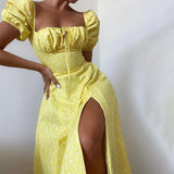 Fongt Women's New Floral Square Collar Sexy Slit Big Swing Autumn And Winter Dress