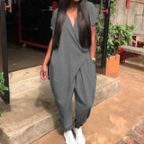 ZANZEA Fashion Summer Rompers Women Solid V Neck Long Jumpsuits Casual Loose Short Sleeve Overalls Harem Pants