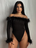 Feather Top Long Sleeve T Shirt Women Off Shoulder Body Spring Fall Outfits Bodycon Solid Streetwear Black