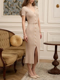 Fongt Multi-Clause Dress Knitted Solid-Colored Short-Sleeved Retro Elegant Knitted-Up-Buttoned Dress