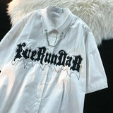 Gothic Towel Embroidery Y2K Chain Shirt Mens Oversized Short Sleeve Casual Blouse Hip Hop Brand Button Up Shirts Solid-Outfit