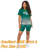 PINK Letter Print Gradient Two Piece Sets Women Round Neck Short Sleeve Top + Shorts Tracksuits Summer Fashion