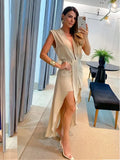 Fongt Summer New Big Deep V Collar Royal Sister Sleeveless Double Layer Dress-88150-Outfit