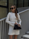 Fongt Women's Autumn New Temperament Light-Cooked Round-Neck Knitted Long Sleeves Mini Dress