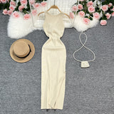 Fongt Sexy Round Neck Kink Solid Color Vest Knit Skirt Front And Back Two Wear Elastic Tight Wrap Hip Dress-Outfit
