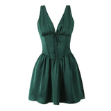 Green Stain Pleated V-neck Mini Dress-Outfit