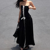 Black Tube Ruched Lace Up Maxi Dress-Outfit