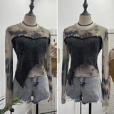 Vintage Dye Mesh Spliced Denim Shoulder Long-Sleeved T-Shirt T-Shirt T-Shirt Dress