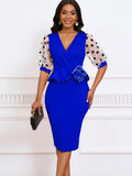 Fongt Summer New Mesh Velvet Bubble Sleeve V Neck Fashion Elegant Bag Of Hip Dress