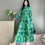 Fongt Women's Autumn Dress French Bubble Sleeves Long Heavy Industry Pressure Folds High-Grade Chiffon Floral Fall-In-Action Dress