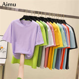 Tee Shirt Summer short sleeve loose Solid color Basic T Shirt Women Casual O-neck 90s Tops Korean black White