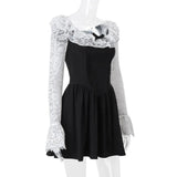 Black Lace Flare Long Sleeve Mini Dress-Outfit