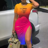 Fongt Sexy Round Collar Short Sleeve Slit Pleated