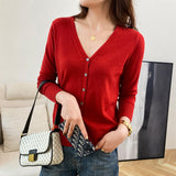 Fongt New Spring And Fall Thin Knit Women's Cardigan Long Sleeve V Neck Short Sweater Small Shawl Coat Jacket-Outfit