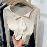 New Spring And Autumn Style Solid Color Semi-Open-Necked Blouse With Split Sleeves And Slimming Short Style With Bottom