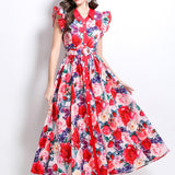Fongt Printing Lotus Leaf Cuff Clenbuter Single Buckle Waist Swing Dress Female Thin Temperament Elegant Dress
