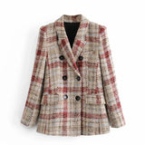 Women 2021 Fashion Double Breasted Tweed Check Blazers Coat Vintage Long Sleeve Pockets Female Outerwear Chic