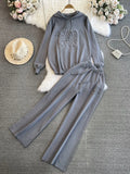 Fongt Suit Women's Korean Version Of Loose Knitted Hoodie Two Sets Of Leisure High-Rise Thin Straight Broad Leg Pants