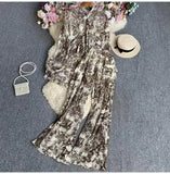Fongt Suit Female Korean Version Of The Lantern Sleeves Loose Single-Chamed Dizzled Dyed Printed Shirt Three Sets Of High-Rise Broad-Legged Trousers