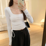 Girls' Solid Color Square Collar Long-Sleeved T-Shirt The New Autumn Style Is Slim, Slim And Underwear.-Outfit