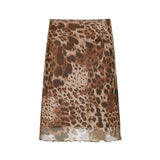 Fongt Retro Leopard Print Low-Rise Mesh Half-Dress Babes Irregular Hem To Fix Tight-Knit Long Skirt