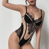 Fongt Lace Hollow Out Mesh Gauze Tight Onesie, Summer Hot Style Flounce Wrap Buttock Short Skirt Suit-Outfit