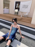 Gradient Blue Patchwork Strap Dress Spring New Ruched Backless A-line Vestidos Sexy Hot Slim Fit Long Robe Mesh Y2k-Outfit