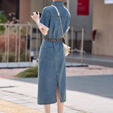 Fongt Kong Style Retro Thin Denim Dress Women's Summer 2025 New Loose Thin Small Short-Sleeved Shirt Dress