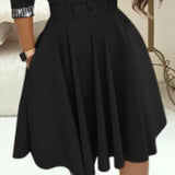 Fongt Autumn / Winter Temperament Elegant Closed Waist Hot Diamond In The Long Sleeve Solid Color Big Swing V-Neck Dress With A