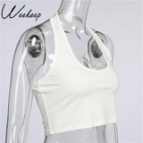 Fashion Halter Women Tank Top Knitted Solid Backless Sleeveless Crop Top Summer Fitness Cropped Vest White Basic Tee