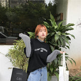 harajuku Stripe Patchwork TShirt Half Turtleneck T-Shirts autumn Long Sleeve Tops tee Shirt Women Fashion Causal