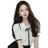 Fongt Silk Coloring Bows Short-Sleeved T-Shirt Girl 2023 Summer Dress New Korean Version Of The Fashion Knitted Shirt