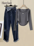 Women Two Pieces Sets Streetwear Harajuku Long Sleeve Square Collar Top And Hollow Out Vintage Denim Pants
