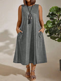 Fongt Plus-Size Women's Commuting Round Collar Solid Color Sleeveless Pocket