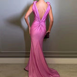 Pink Satin Deep Neck Pleated Maxi Dress-Outfit