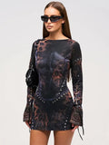 Black Animal Print Long Sleeve Bodycon Mini Dress-Outfit