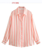 Fongt New Fashion Temperament Lapel Multi-Color Stripe Silk Satin Texture Long Sleeve Loose Shirt Female-Outfit