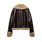 Faux Fur Collar Pu Leather Jacket-Outfit