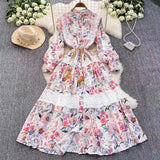 Fongt Retro Court Wind Hollow Lace Splicing Lantern Sleeve Collection Waist Single Buckle Print Dress 2025 Spring Dress