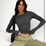 Fongt Spring And Summer Women's New Solid Color Collar Repair Shirt Long-Sleeved T-Shirt Top