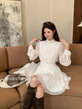 Fongt Xixi 2025 Autumn New White Standard Temperament High-Necked Long-Sleeved Plus Velvet Dress High-End Short Dress Women 88455